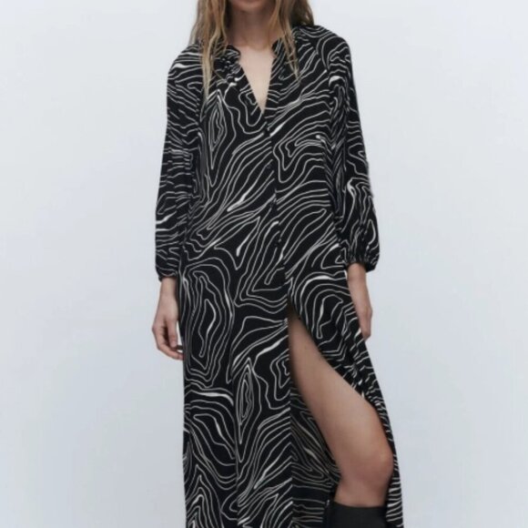 ZARA Black and white printed midi dress - size M - Picture 1 of 8